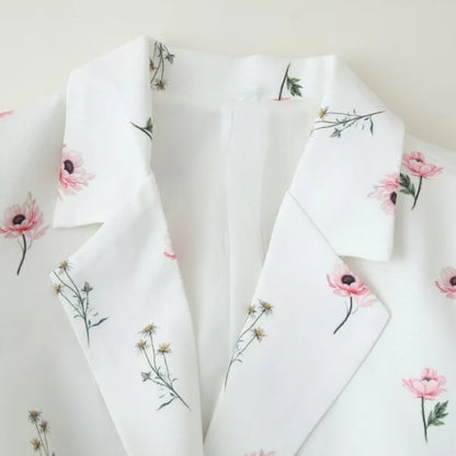 Women's Floral Print Blazer, White Pink Flower Casual Suit Jacket, Notch Lapel Loose Outwear with Tie Waist, Spring Daily Wear