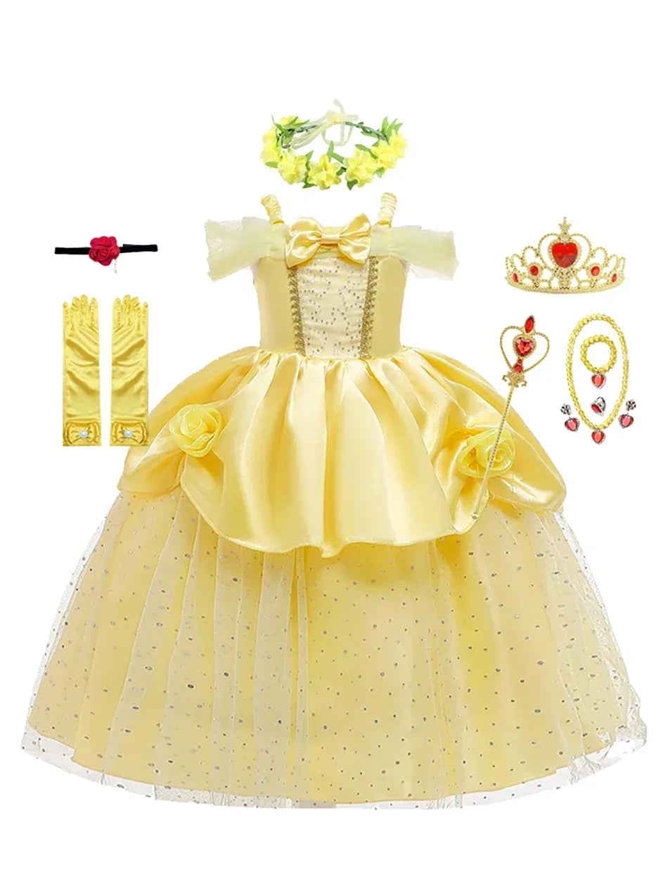 Girls Belle Cosplay Costumes Girls Dresses for Beauty Kids Party Clothing Magic Stick Crown Children Yellow Dress and The Beast