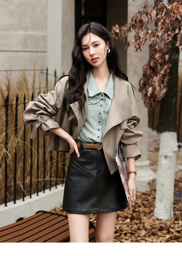 Vintage Green Blouse Women French Lapel Bow Lace-up Top 2025 Autumn Sweet Shirt Sleeve Outwear Commute Shirts MXD44C0337