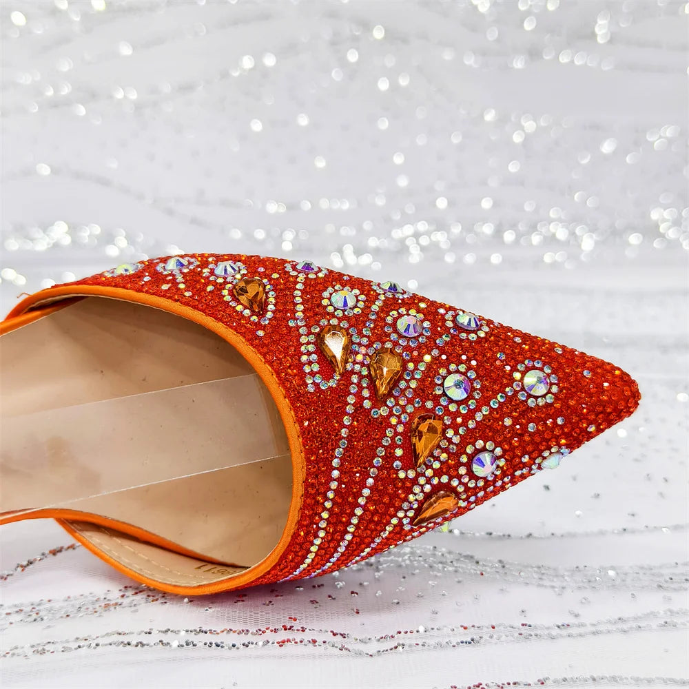2025 Elegant Rhinestone Pointed Toe Pumps With Matching Bag Set Large Size shoes Big Bag for Women's Party High Heels