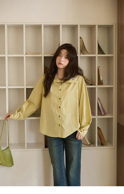 Autumn Solid Cotton Shirt Autumn V-neck Double-layer Lace Retro Design Shirts Single Breasted Tops Office Lady MXE41C2366