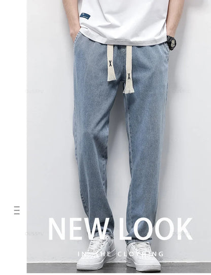 High Quality Fully Elastic Waist Men's Jeans Cotton Soft Drawstring Straight Pants Korea Casual Trousers Male Plus Size S-5XL