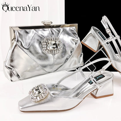2025 Nigerian Heel Party for Women Purple Color Shoes and Bag Set Rhinestone Handbag Italian Design Wedding