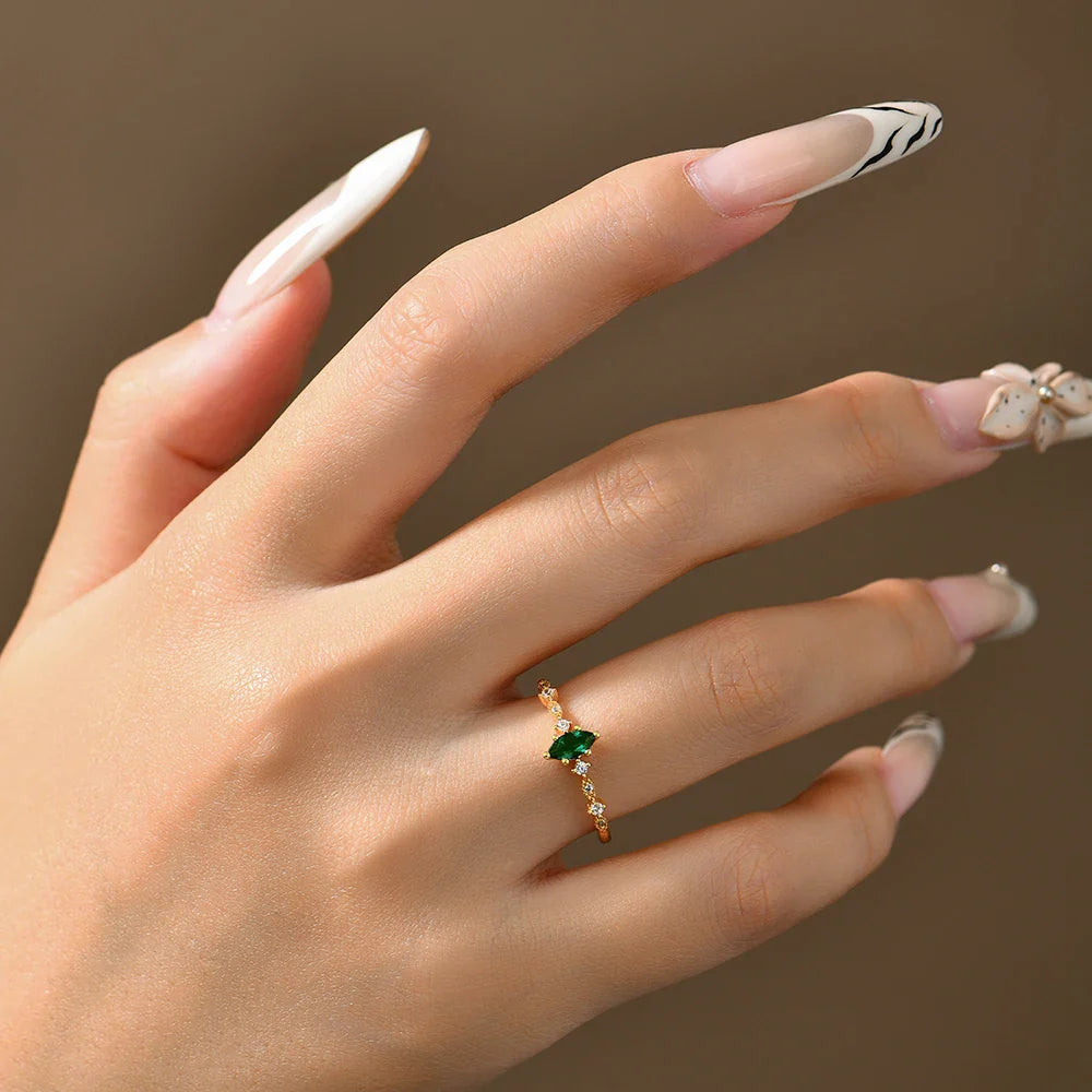 S925 Silver Stackable Zircon Ring Inlaid With 3*6mm Marquise Cut Lab Zambian Emerald ForWomen Daily Wear Trendy Jewelry