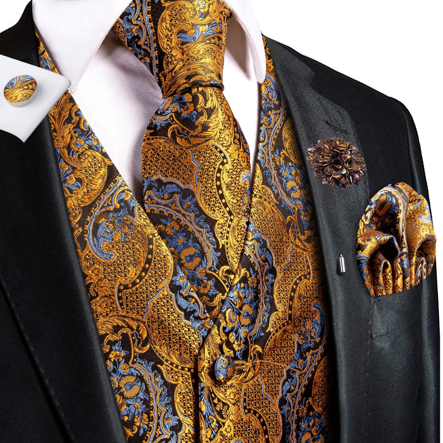 High Quality Silk Mens Vests Champagne Paisley Waistcoat Neck Tie Hanky Cufflinks Brooch Set for Men Suit Wedding Office