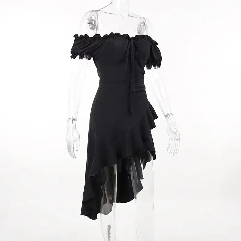 Summer Black A-LINE Dress Women Streetwear Sexy Off Shoulder Short Sleeves Ruffled Mid Length Dresses Club Elegant Partywear
