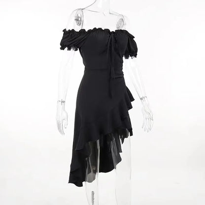 Summer Black A-LINE Dress Women Streetwear Sexy Off Shoulder Short Sleeves Ruffled Mid Length Dresses Club Elegant Partywear