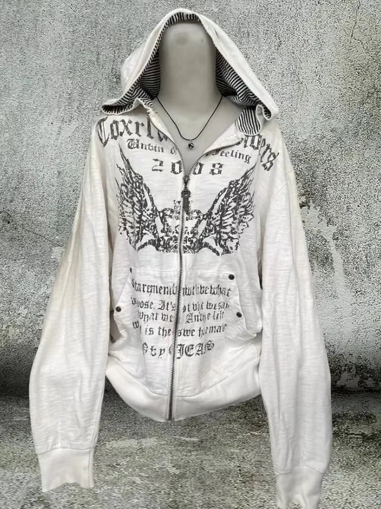 Mountainous Carving Harajuku Hoodie Y2K New Fleece Thickened Got Print Zipper Hoodie Women Street Hip Hop Joker Loose Sweatshirt