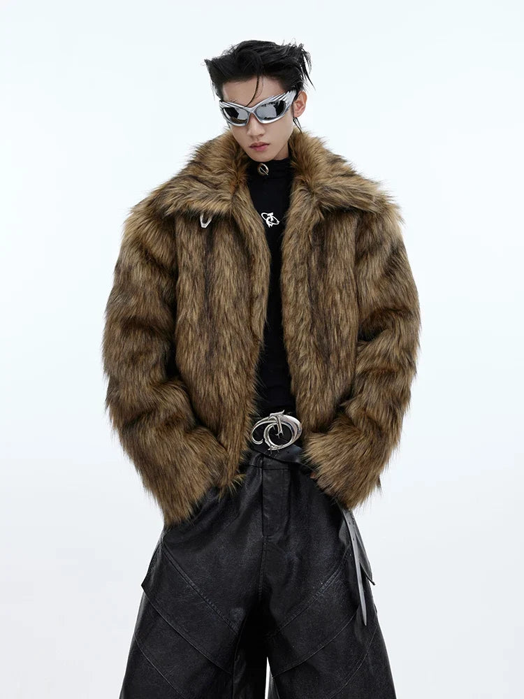 Winter Short Thick Warm Brown Hairy Soft Faux Fur Coat Men with Turn-down Collar Long Sleeve Fluffy Jackets 2024