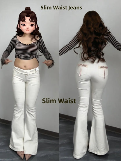 High Waist Bell Bot Jeans Lace  Knot Plump Hip Milk White Spring New Sle Lift Butt Casual Cotton Stretch Denim