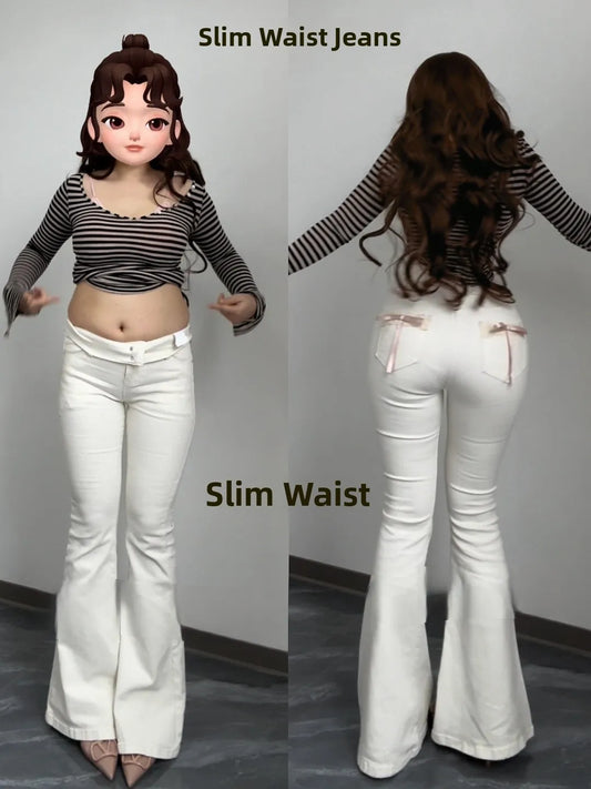 High Waist Bell Bot Jeans Lace  Knot Plump Hip Milk White Spring New Sle Lift Butt Casual Cotton Stretch Denim