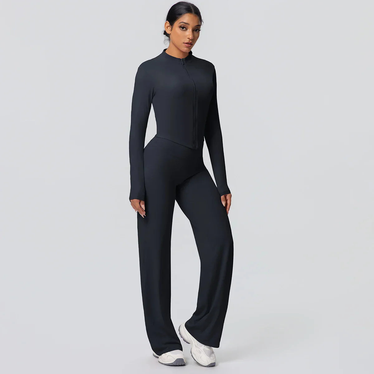 2pieces Quick Drying Sports Fitness Clothing Yoga Set Women Yoga Zipper Long Dleeves High Waisted Breathable Wide Leg Pants Set