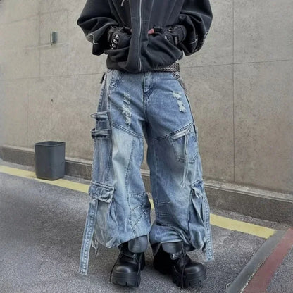 2025 Cyber Y2K Streetwear Washed Blue Baggy Ripped Cargo Jeans Pants For Men Clothing Wide Leg Vintage Loose Punk Denim Trousers
