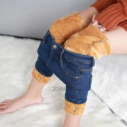 New Women Thick Velvet Jeans Fleece Warm Korean Fashion High Waist Skinny Elastic Pants Jean Casual Legging Winter 2023