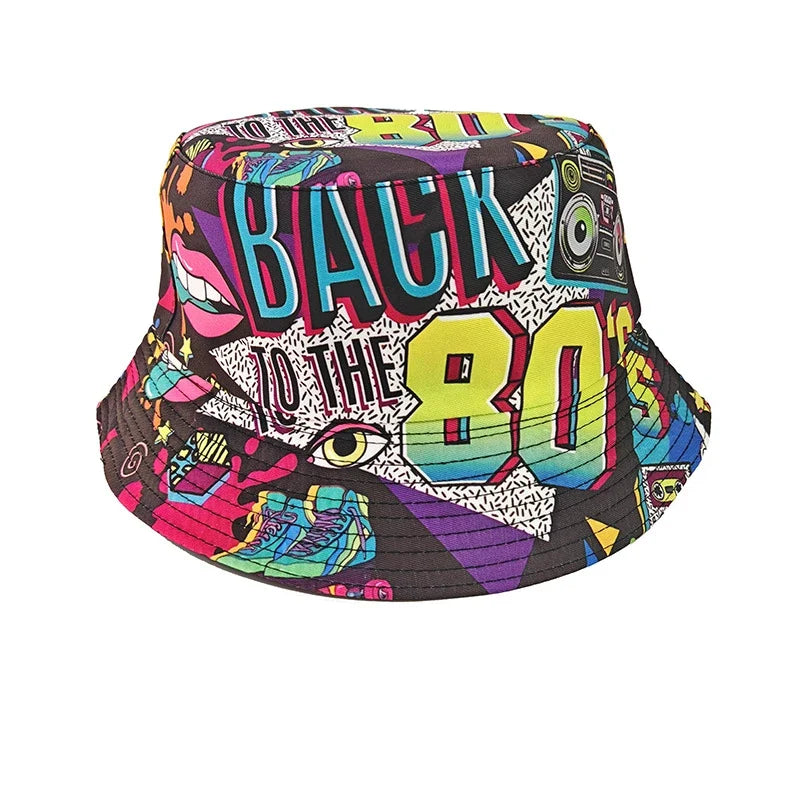 Fashion Retro Graffiti 80s 90s Bucket Hat for Men Women Funny Summer Spring Beach Fishing Hat Packable Outdoor Sun Fisherman Hat