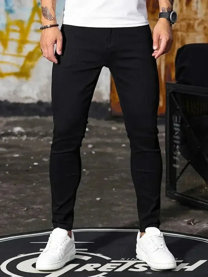 Men Jeans Stretch Skinny Denim Pants Solid Color Black Blue Spring Luxury Street Harajuku Hip-Hop Style Slim Fit Trousers Brand