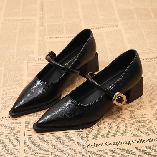 All-Season Women's Chunky Heel Mary Jane Flats - Patent Leather Shallow Cut High Heels,  Metal Buckle Decor Commuter Shoes