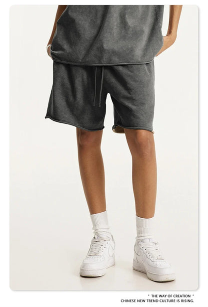 New 2025 Men Summer Loose Edge Washed Cotton Shorts Unisex Retro High Street Distressed 330gsm Shorts Brand Clothes HY1056