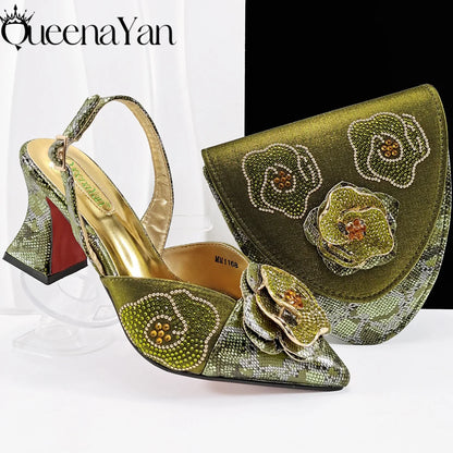 2025 Elegant Lilac Color Women's Heels Handbag Set Rhinestone Embellished Designer Shoes for Weddings Special Events