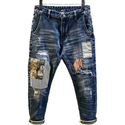 Retro Spliced jeans Men's Trendy Brand Ripped Bear Patch Loose Classic Man Pants Rhinestones Denims Tears Streetwear for Man