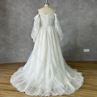 Customized Off Shoulder Lace Glitter Wedding Dresses Long Puff Sleeve 3D Flowers Boho Bride Gown 2026 Vestidos De Novia