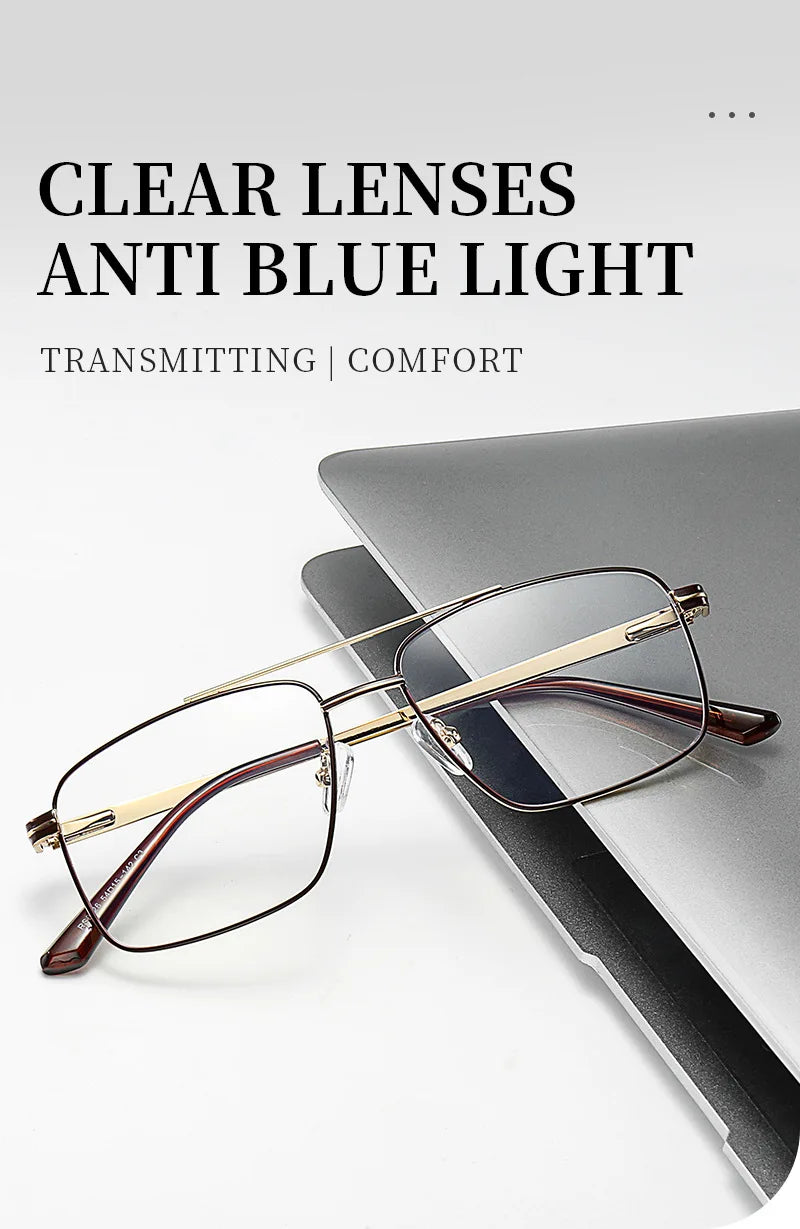 Classic Business Men's Metal Geometric Square Frame Eyewear Customizable Prescription Blue Light Protection Eyewear