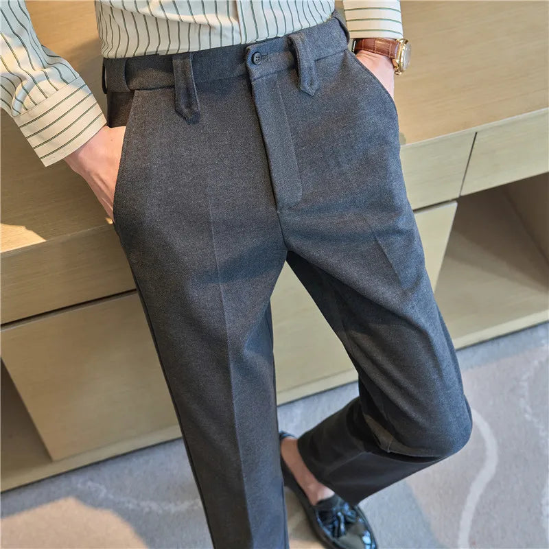 Autumn Winter High Quality Men's Wool Blends Suit Pants Solid Striped Smart Casual Slim Fit Suit Trousers Men Woolen Dress Pants