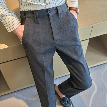 Autumn Winter High Quality Men's Wool Blends Suit Pants Solid Striped Smart Casual Slim Fit Suit Trousers Men Woolen Dress Pants