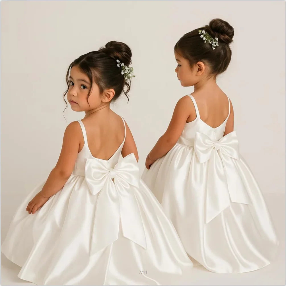 Long Ivory Satin Flower Girl Dresses for Wedding Bow Party Birthday Princess Dress Junior Bridesmaid First Holy Communion Gowns