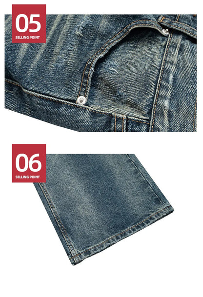 Unisex Retro Washed Aged Ripped Straight Leg Blue Jeans Torn Hole Z029#