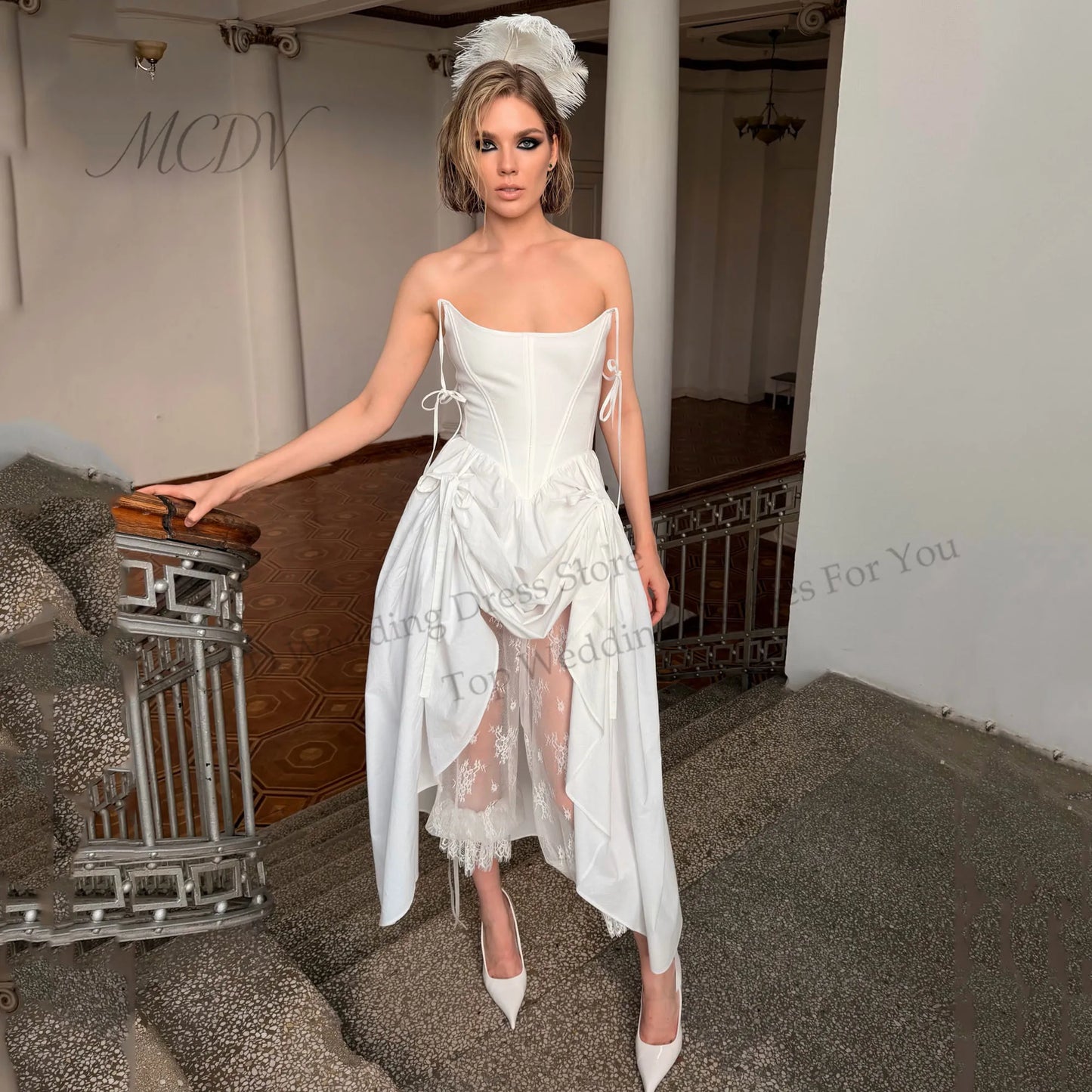 Strapless Satin Wedding Dress Asymmetrical Lace Bridal Gown Minimalist Civil Elopement Wedding Dresses For Bride Customized