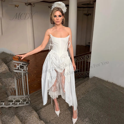Strapless Satin Wedding Dress Asymmetrical Lace Bridal Gown Minimalist Civil Elopement Wedding Dresses For Bride Customized