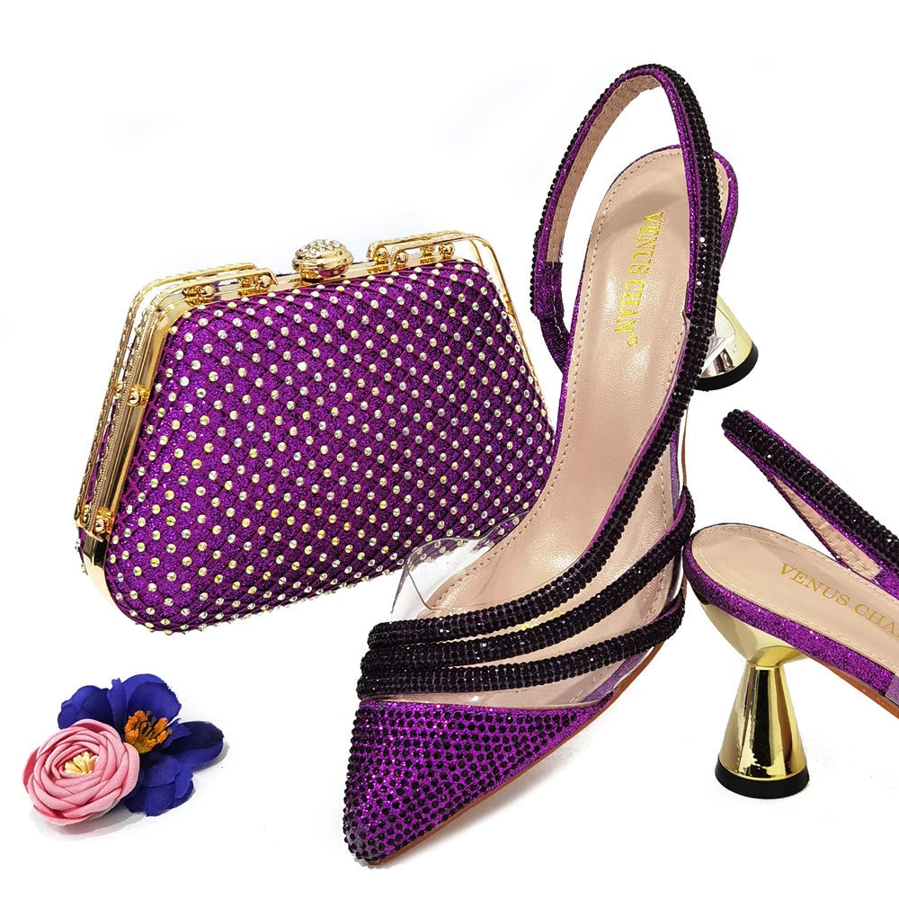 Italian Pointed Toe Wedding Shoes Gold Color Summer Sandal for Women 2023 High Heels Rhinestone Shoe and Bag Set