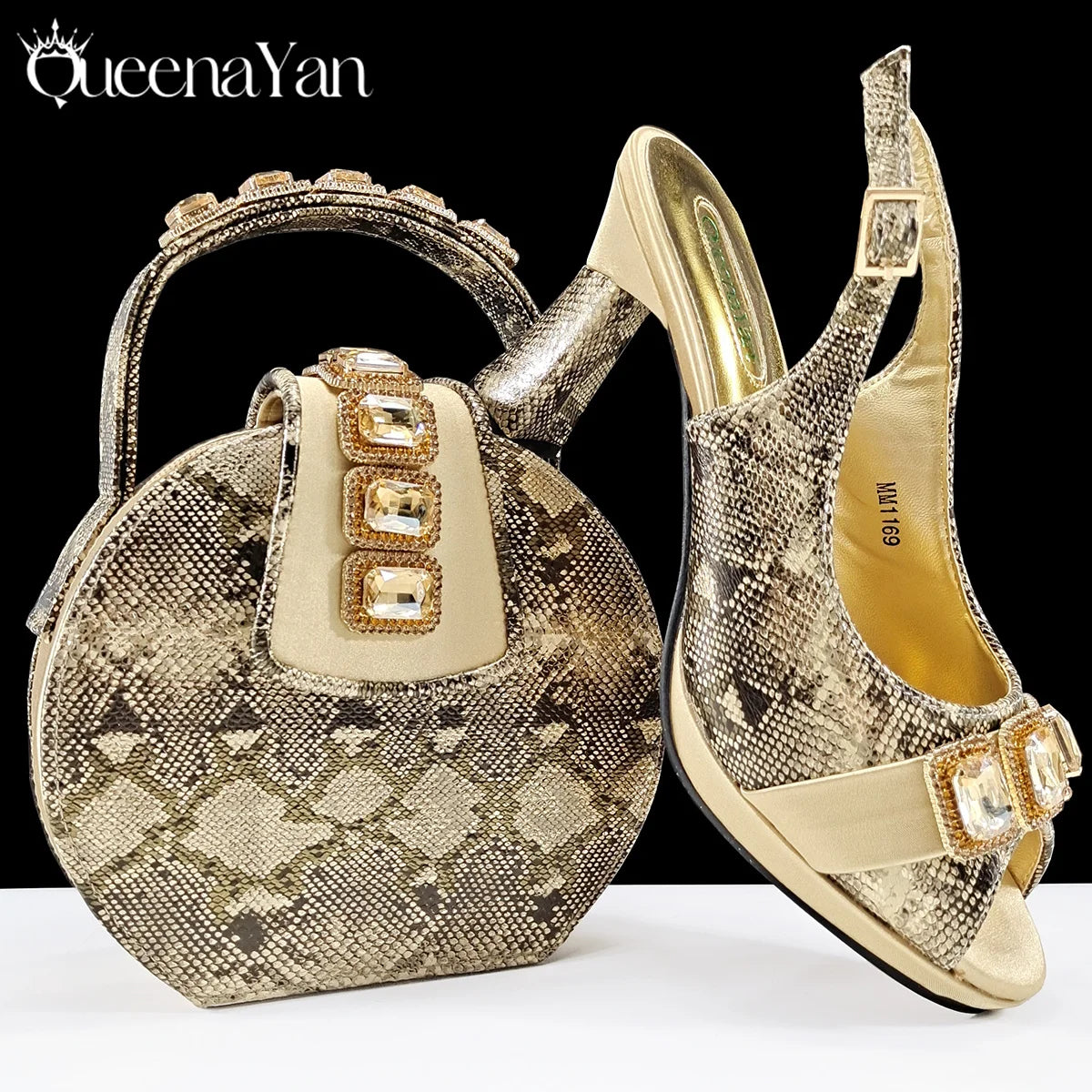 New Luxurious Italian Women's Party Shoes&Bag Set Elegant Golden Rhinestone  Sandals with Peep Toe High Heels Wedding