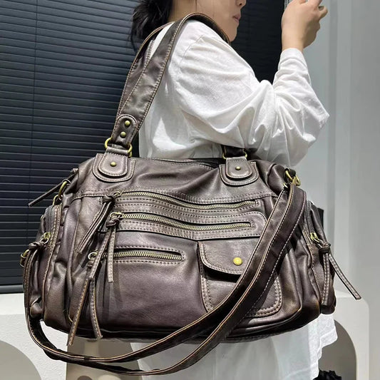 Y2K Hot Women's Punk Biker Tote Bag Large Capacity PU Leather Crossbody Purse with Multi Pockets for Work Commute Moto Style
