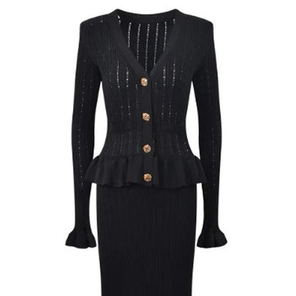 Brand Fashion One-piece Knitted Maxi Dress Women Elegant V-neck Ruffled Slim Waist Bodycon Sweater Dress Party Vestido