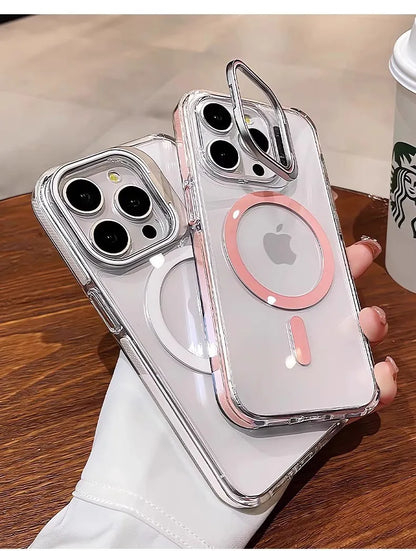 Luxury Lens Holder Shockproof Magnetic Case For iPhone 16 15 14 Plus 13 12 17 Pro Max 17Air 16e Magsafe Fashion Clear Cover