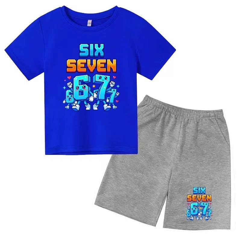Boys Girls 3-12Y Summer Fashion Outfit 67 Number Cartoon Print T-shirt and Shorts Casual Two-Piece Clothing Set