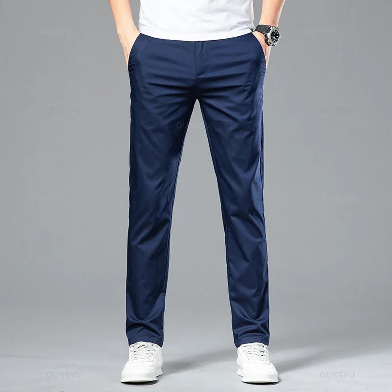 New Summer Cosy Soft Bamboo Fiber Straight Suit Pants Men Business Stretch Thin Navy Blue Casual Trousers Male Large Size 40 42