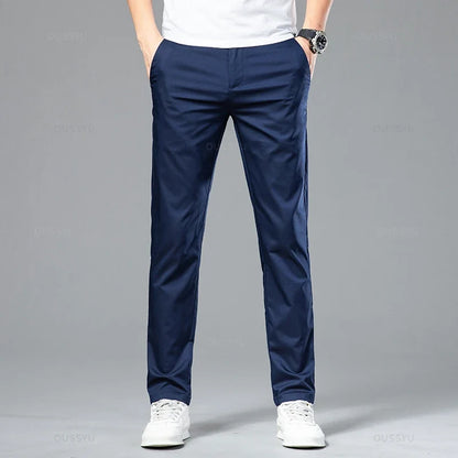 New Summer Cosy Soft Bamboo Fiber Straight Suit Pants Men Business Stretch Thin Navy Blue Casual Trousers Male Large Size 40 42