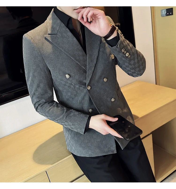 6 Color Luxury Double Breasted Blazers Coats 2024 New Fashion Checkered Business Slim Fit Social   Formal Suit Jacket 5XL-M