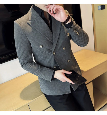 6 Color Luxury Double Breasted Blazers Coats 2024 New Fashion Checkered Business Slim Fit Social   Formal Suit Jacket 5XL-M