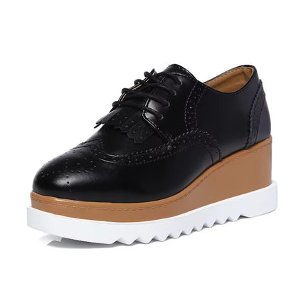 Women's Oxford Flats - Genuine Leather Wingtips Lace-Up Comfort Brogue Derby Patent Platform Casual Shoes for Spring Autumn