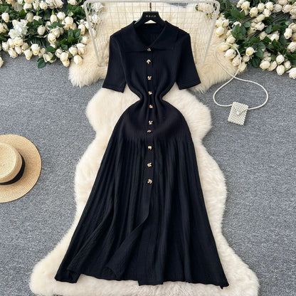 Chic Fashion Elegant Patchwork Knitted Maxi Dress 2025 Summer Lady Turn-down Collar Shirt Sweater Dress Party Vestidos