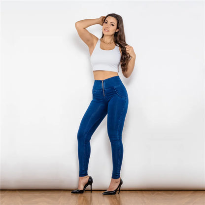 Melody High-Waist Zipper Fly Jeggings Butt Lift Stretch Blue Denim Jeans for Women