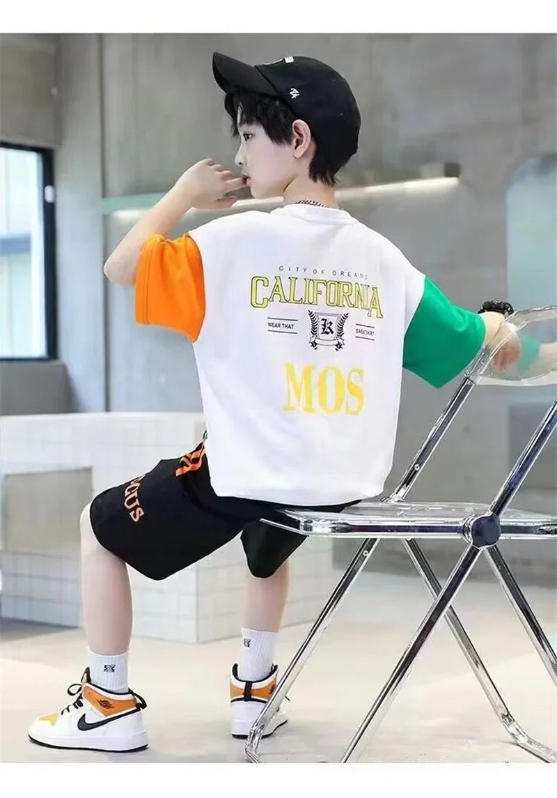 Summer Boys Clothes Sets Teenager Casual Outfits Kids Print T-shirt +Shorts 2Pcs Children Short Sleeve Tracksuit Suits 5-12 Year