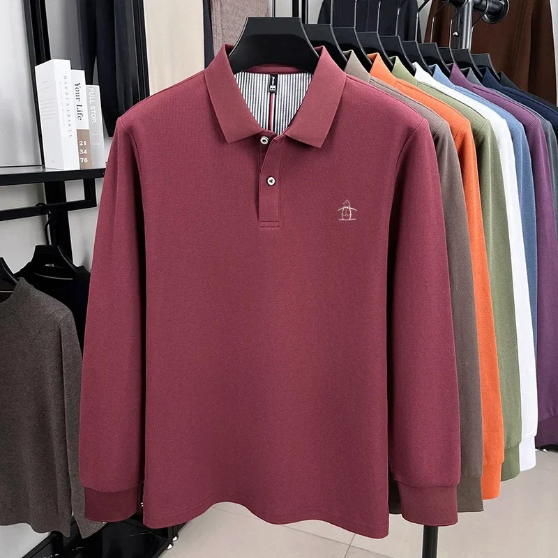100% High-quality Cotton Latest Men's Polo Long Sleeve Autumn Spring Warm Fashionable Business Casual Cozy Delicate Embossed Top