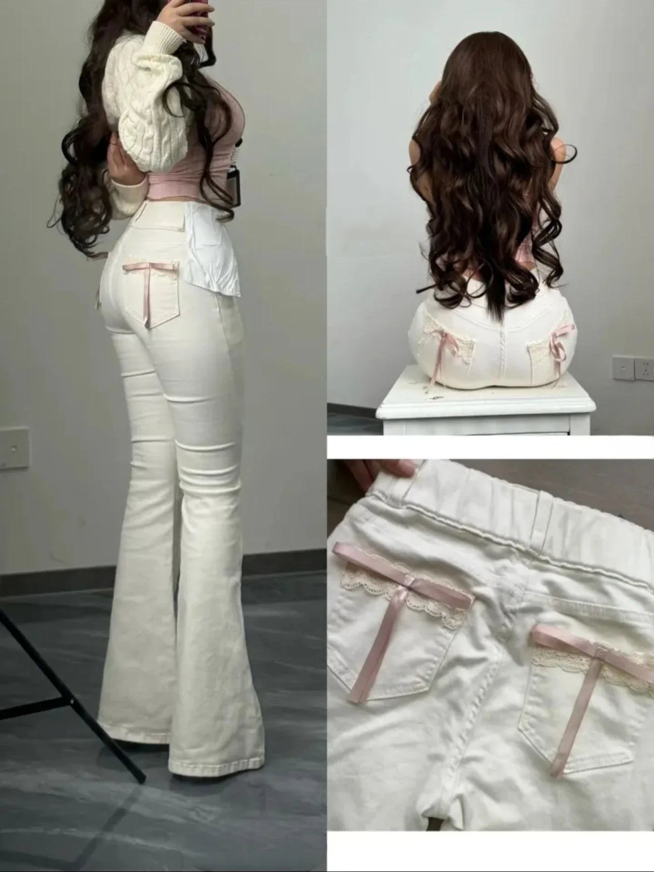 High Waist Bell Bot Jeans Lace  Knot Plump Hip Milk White Spring New Sle Lift Butt Casual Cotton Stretch Denim