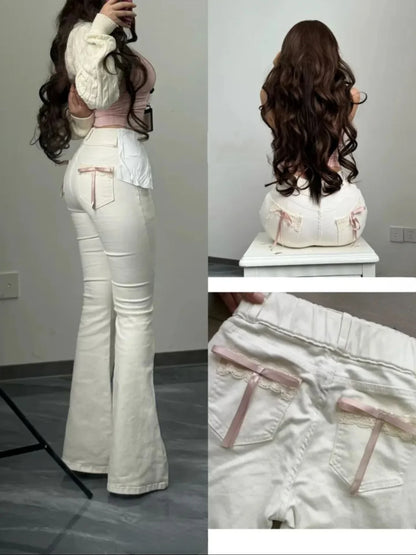 High Waist Bell Bot Jeans Lace  Knot Plump Hip Milk White Spring New Sle Lift Butt Casual Cotton Stretch Denim