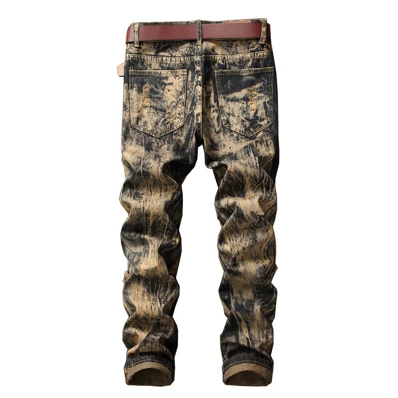 American Vintage Straight-leg Jeans for Men, Featuring Distressed Rip Details, Patchwork and Street-style Tapered Cut.
